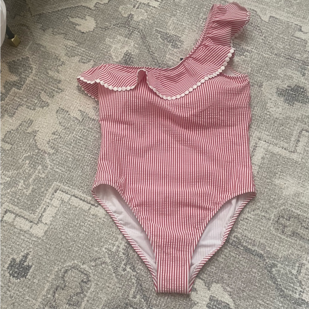 J. CREW Swimsuit One-shoulder Ruffle One-Piece in Seersucker Size 14 - Picture 9 of 14
